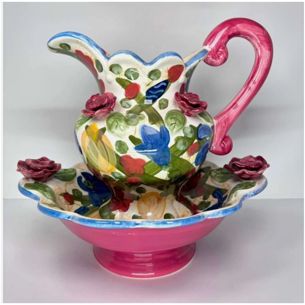 Certified International California Garden Red Rose Hand Painted Pitcher and Basi